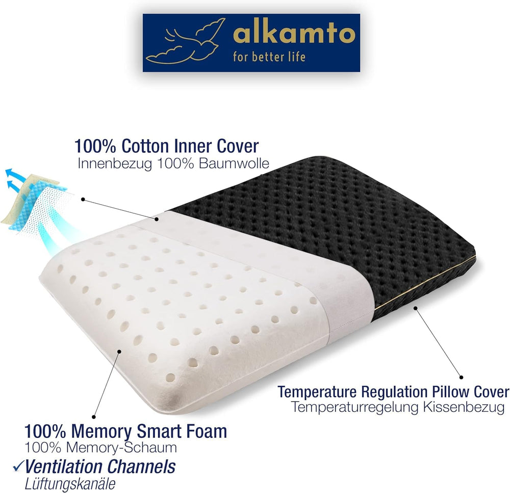 alkamto travel pillow heat regulating cover maintains comfortable temperature.
