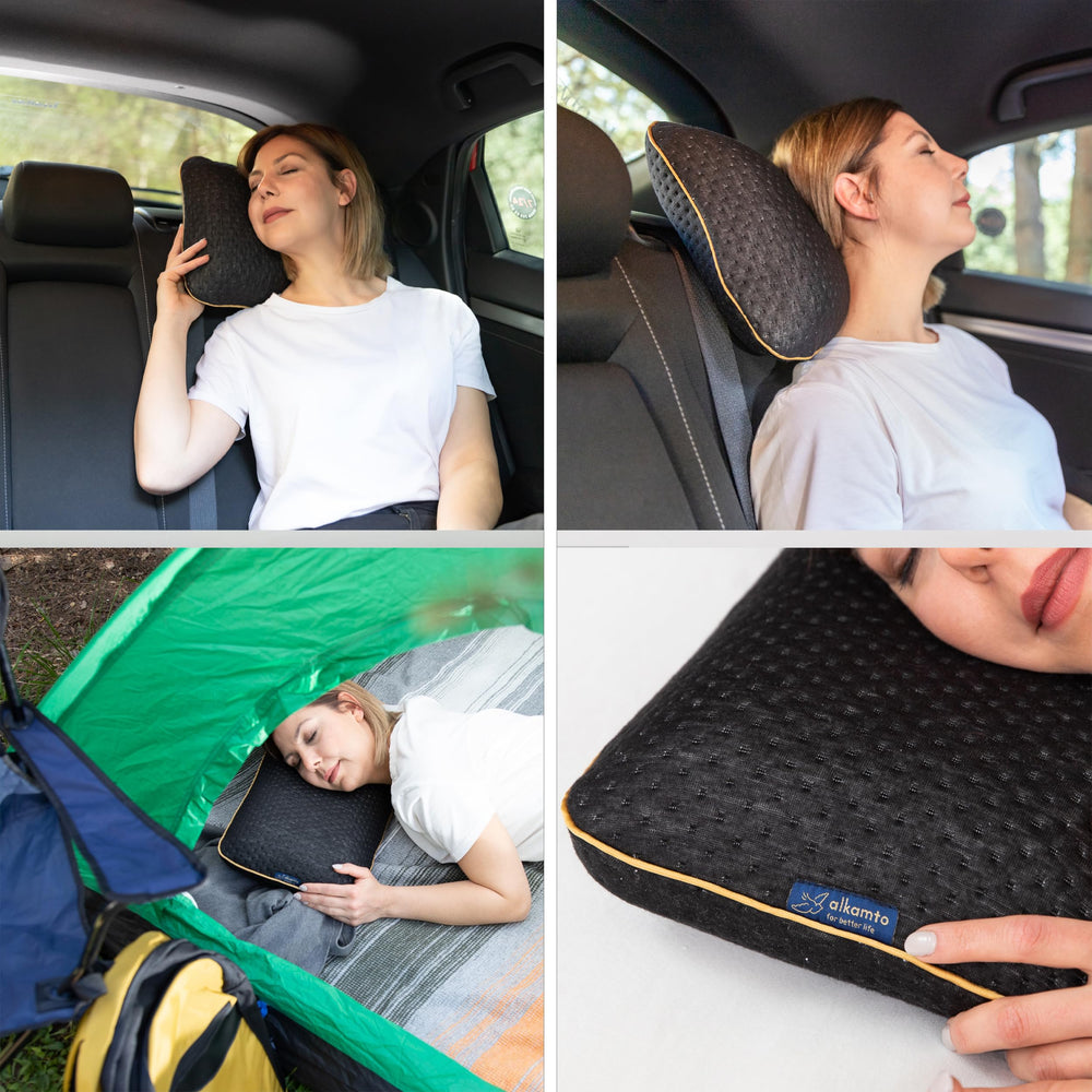 alkamto travel pillow memory foam contour adapts to head and neck.