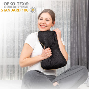 alkamto travel pillow OEKO-TEX label confirms natural materials.