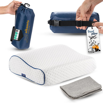 Alkamto travel pillow in compact bag showing easy portability for trips