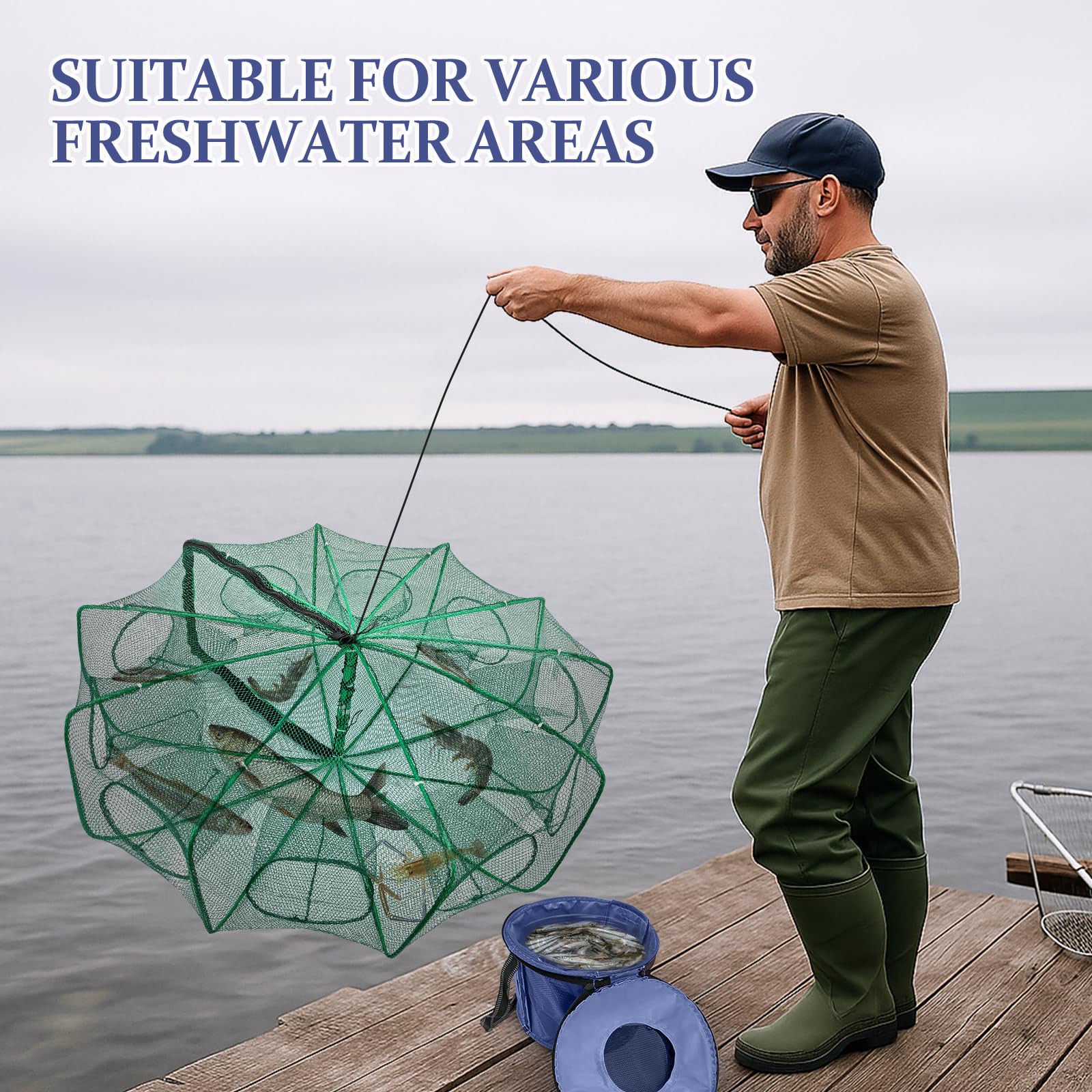 All-in-one portable fishing kit with foldable trap and accessories