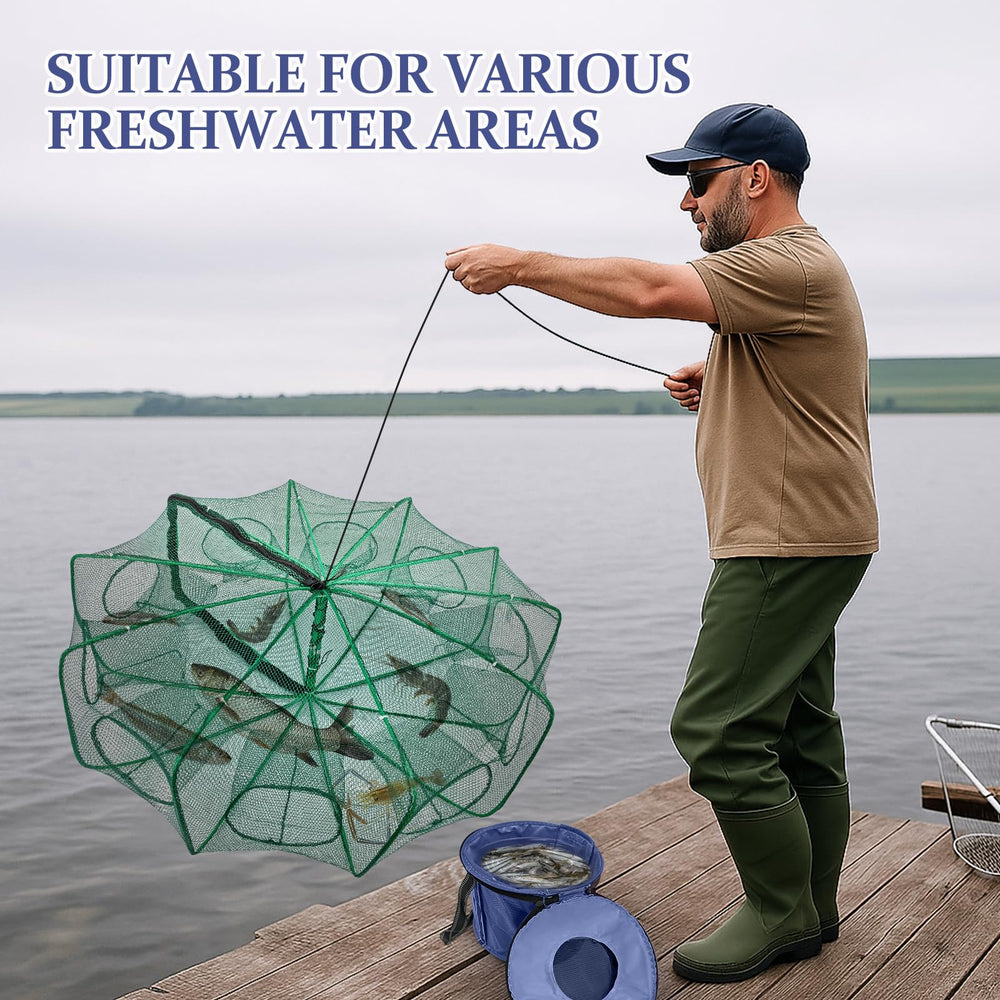 All-in-one portable fishing kit with foldable trap and accessories