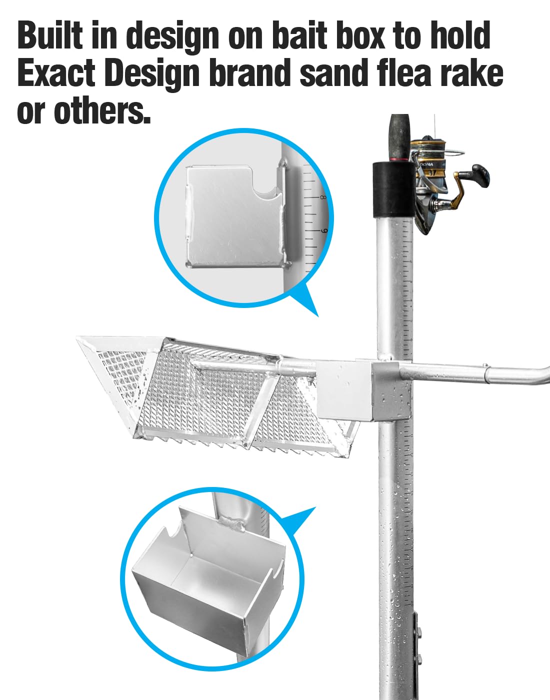 All-in-one sand spike solution with bait box, cap, and rake holder
