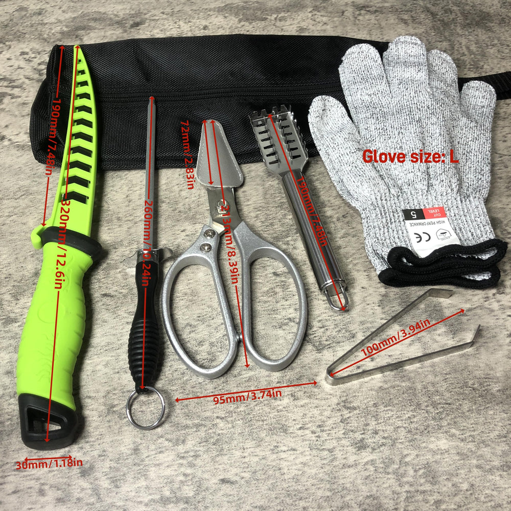 All components of the 7-piece green fishing set laid out