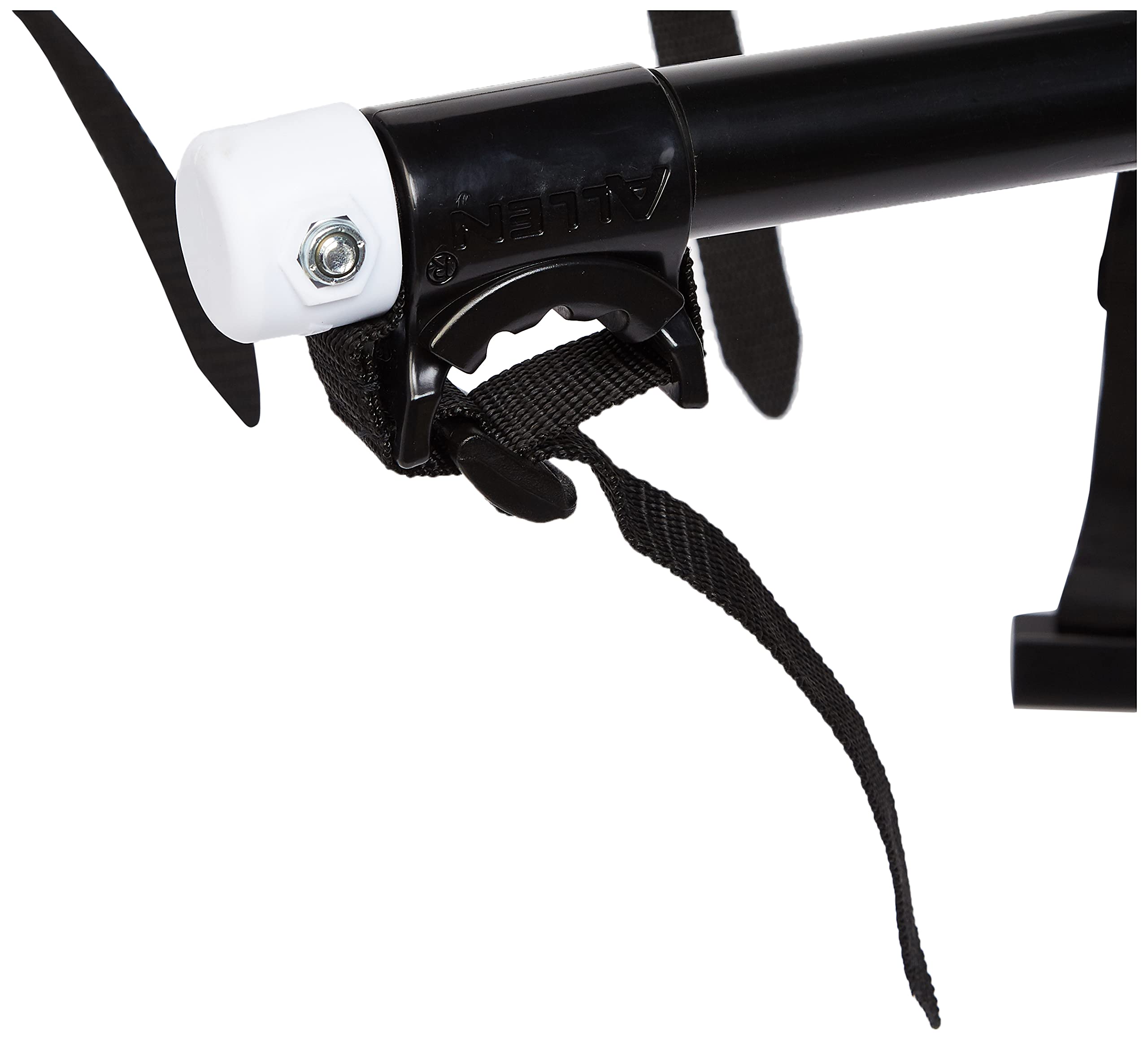 Close-up of Allen's 15-inch carry arms securing bicycles on the rack.