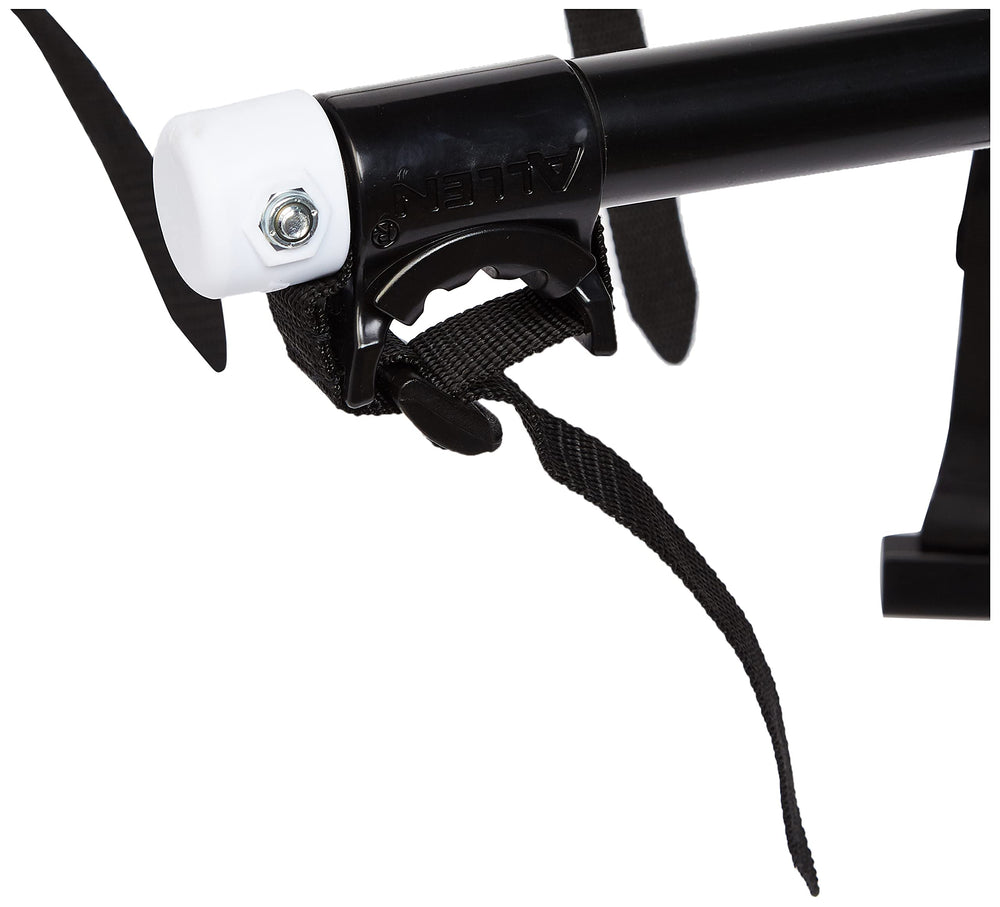 Close-up of Allen's 15-inch carry arms securing bicycles on the rack.