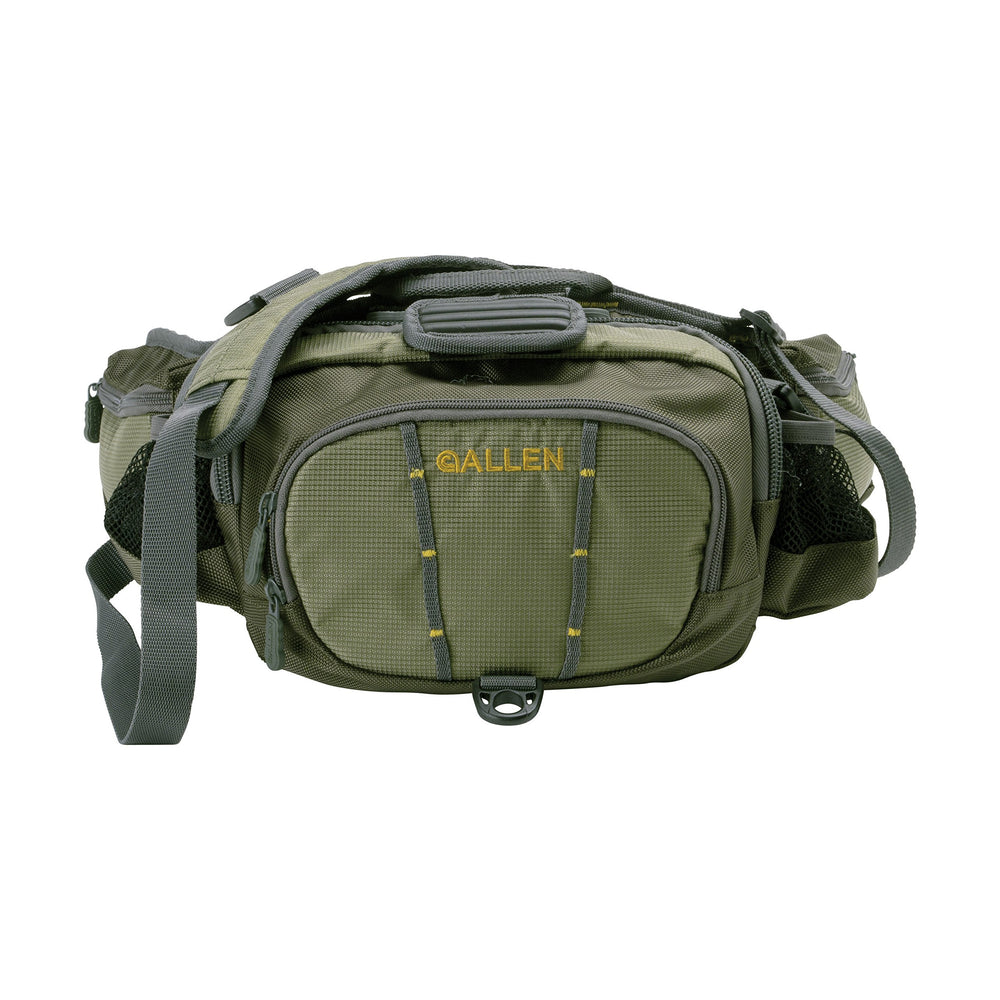 Allen Eagle River lumbar pack main-compartment-access enables quick fly box retrieval on the river.