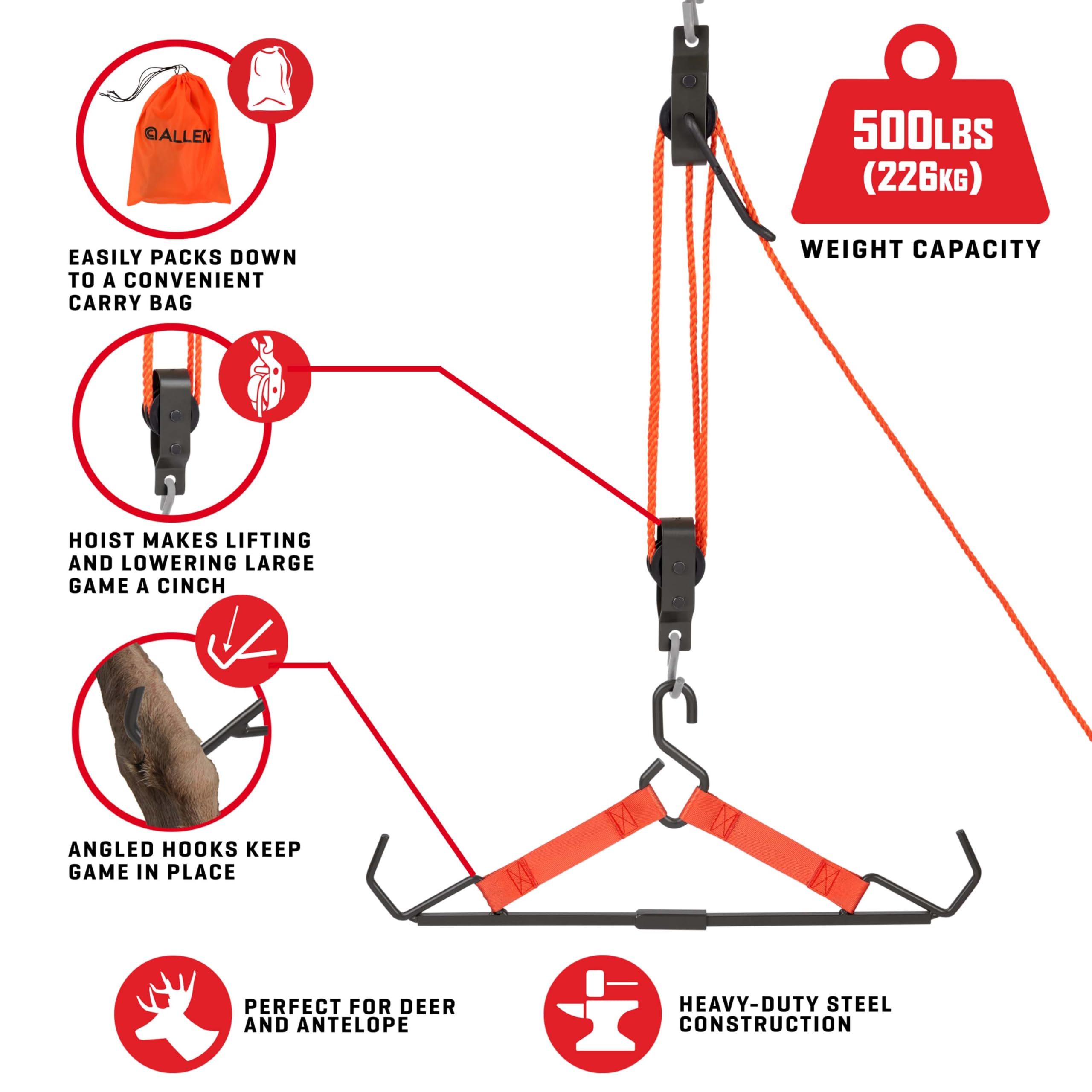 AC ALLEN Gambrel angled end hooks grip game in place during processing.