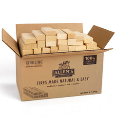 Allens natural kindling wood 20lb box exterior, easy storage for home fires.
