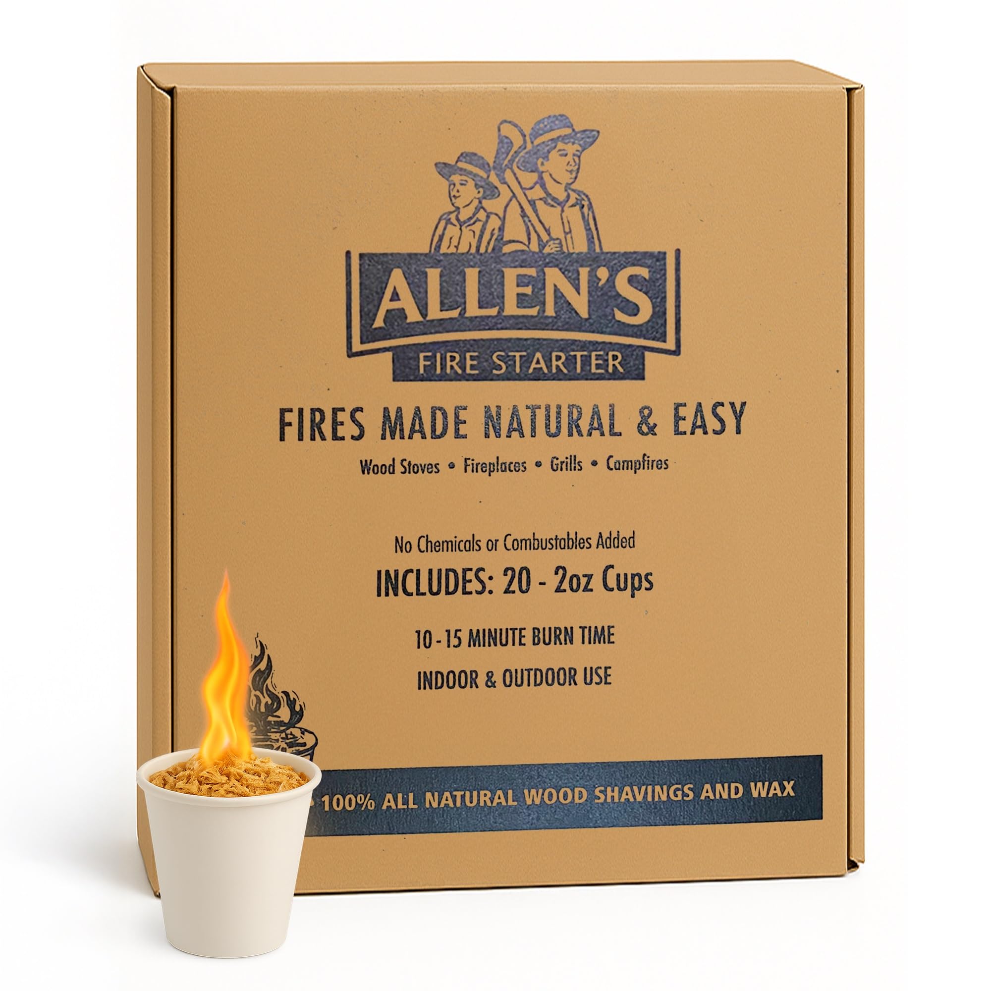 Allens wood fire starter cup close-up for quick campfire ignition.