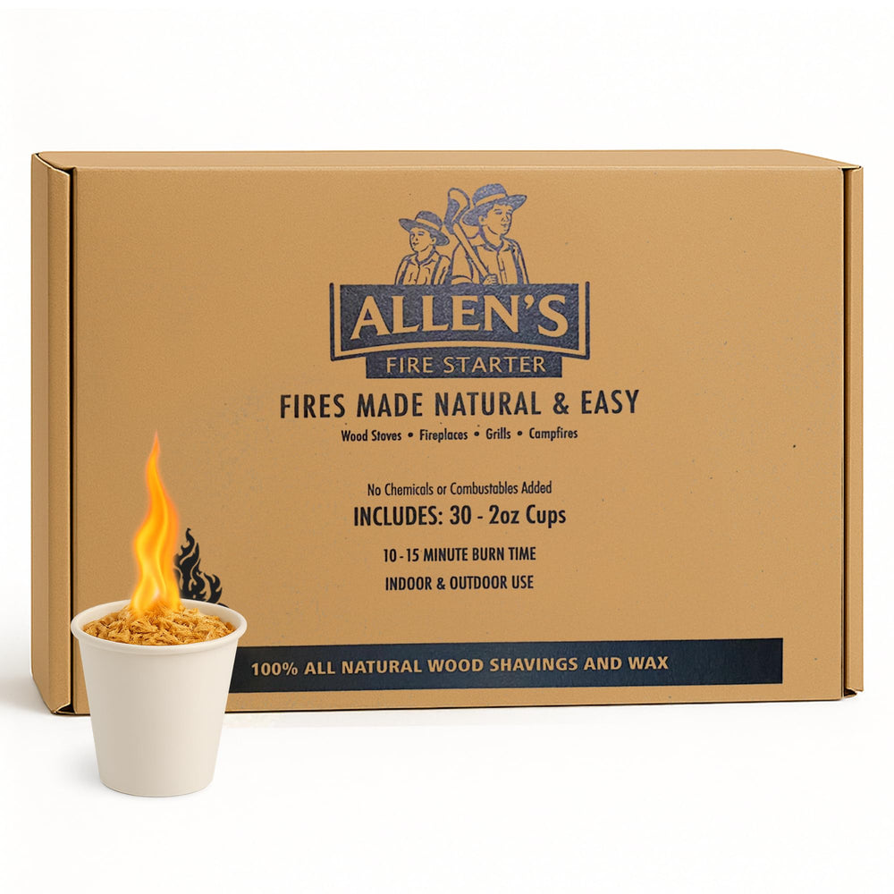 Allens wood fire starter cups in packaging box for easy, clean ignition.