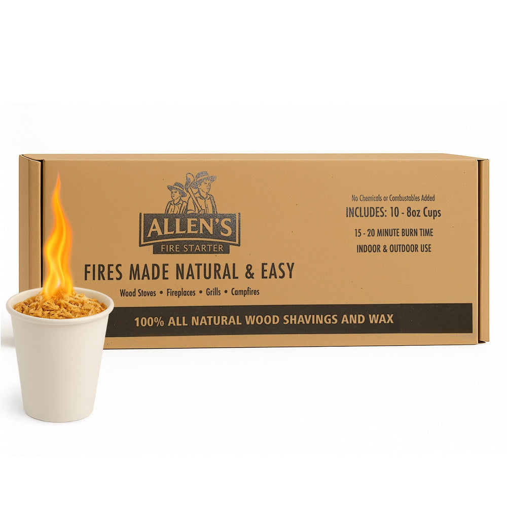 Allens wood fire starter cups packaging showcases a plastic-free box for ignition.
