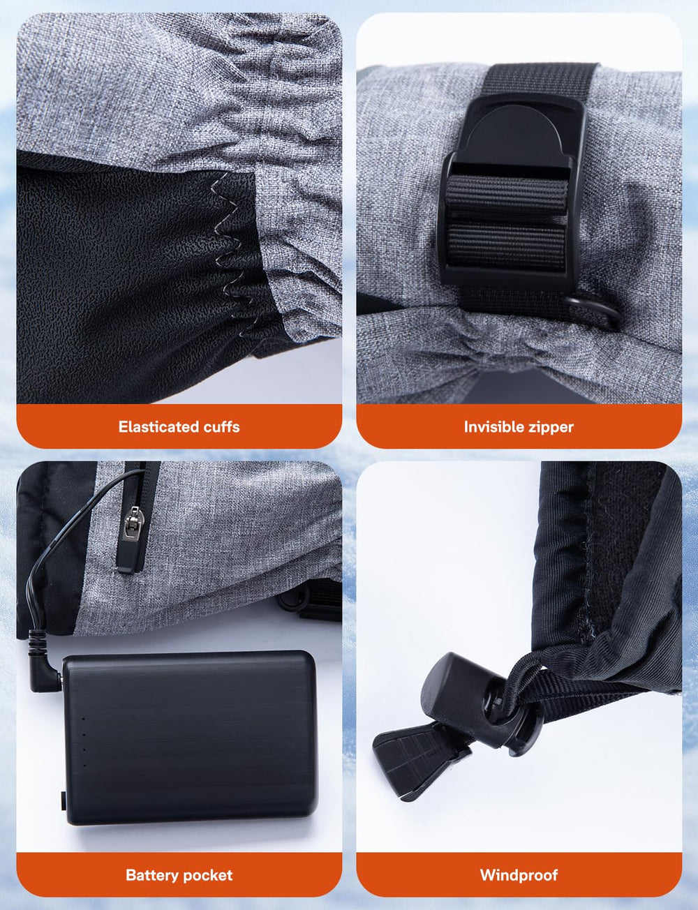 ALLJOY heated gloves with adjustable wrist strap for a secure fit.