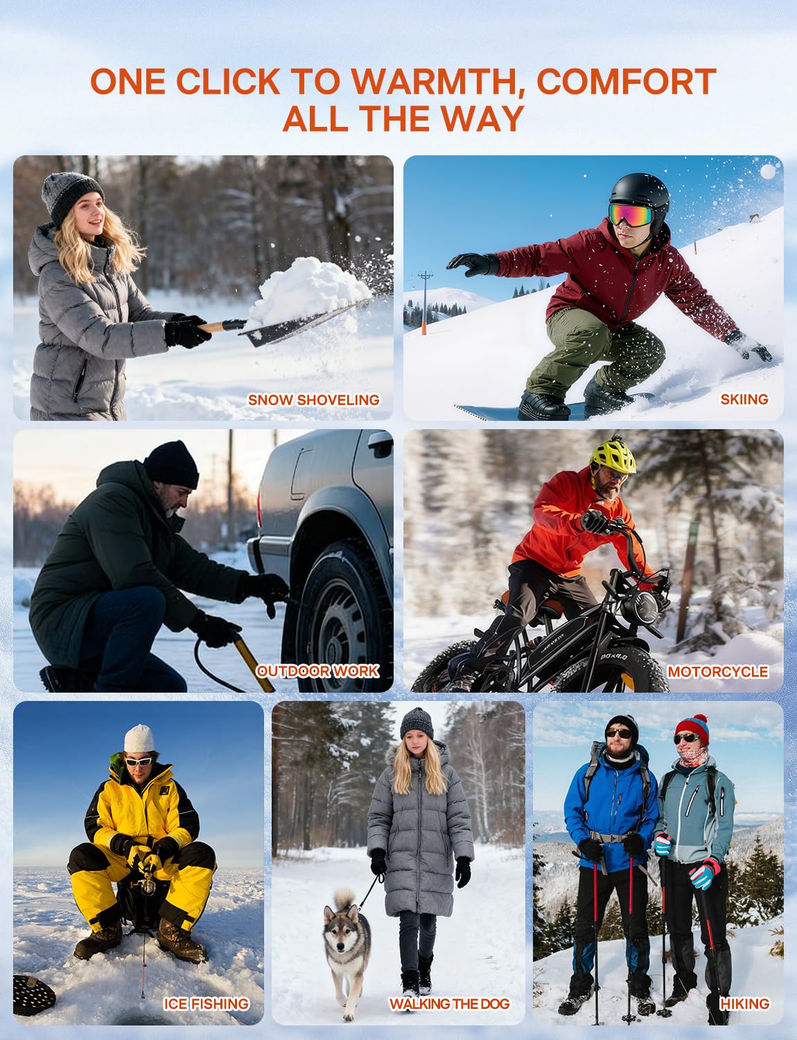 ALLJOY heated gloves shown in ski or hike setup for warmth during activities.