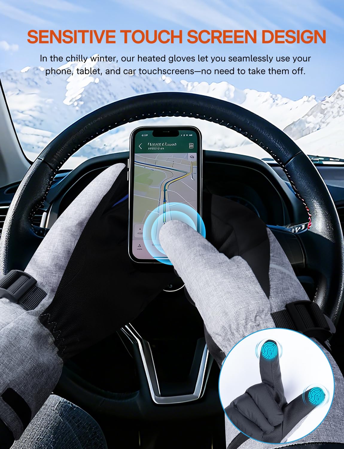 ALLJOY heated gloves fingertips enable touchscreen use in cold conditions.