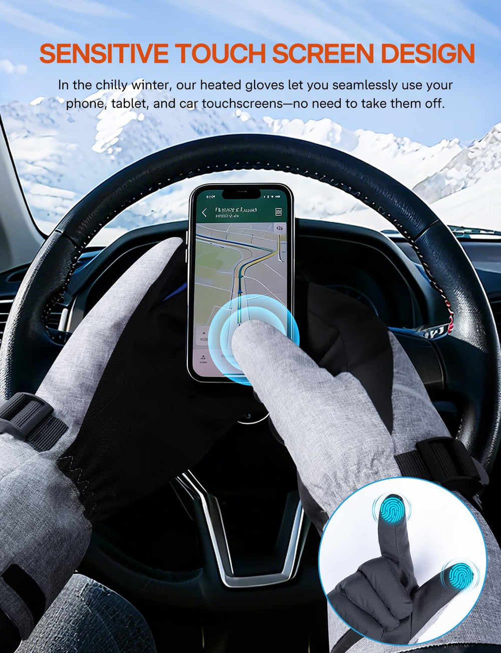 ALLJOY heated gloves fingertips enable touchscreen use in cold conditions.
