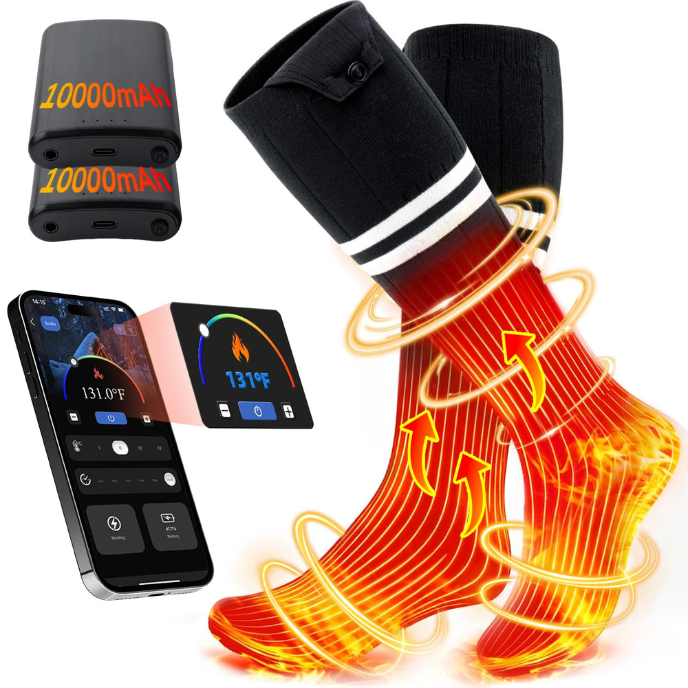 ALLJOY heated socks app-control display shows battery status and heat level.