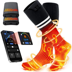 ALLJOY heated socks app-control display shows battery status and heat level.