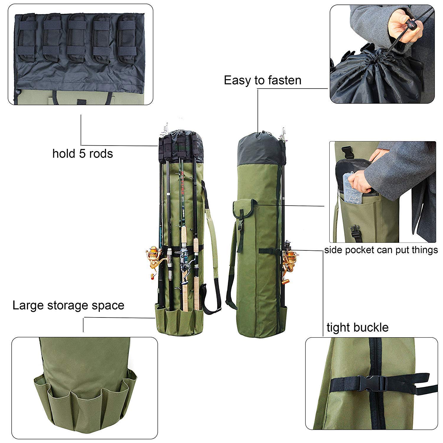 Exterior front view with external holders for five rods and reels