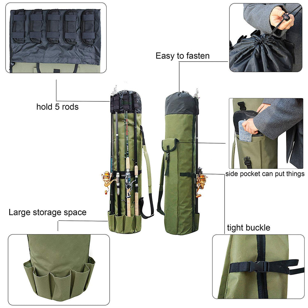 Exterior front view with external holders for five rods and reels
