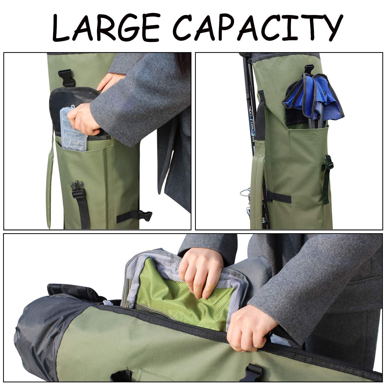 Khaki green color with black trim detail