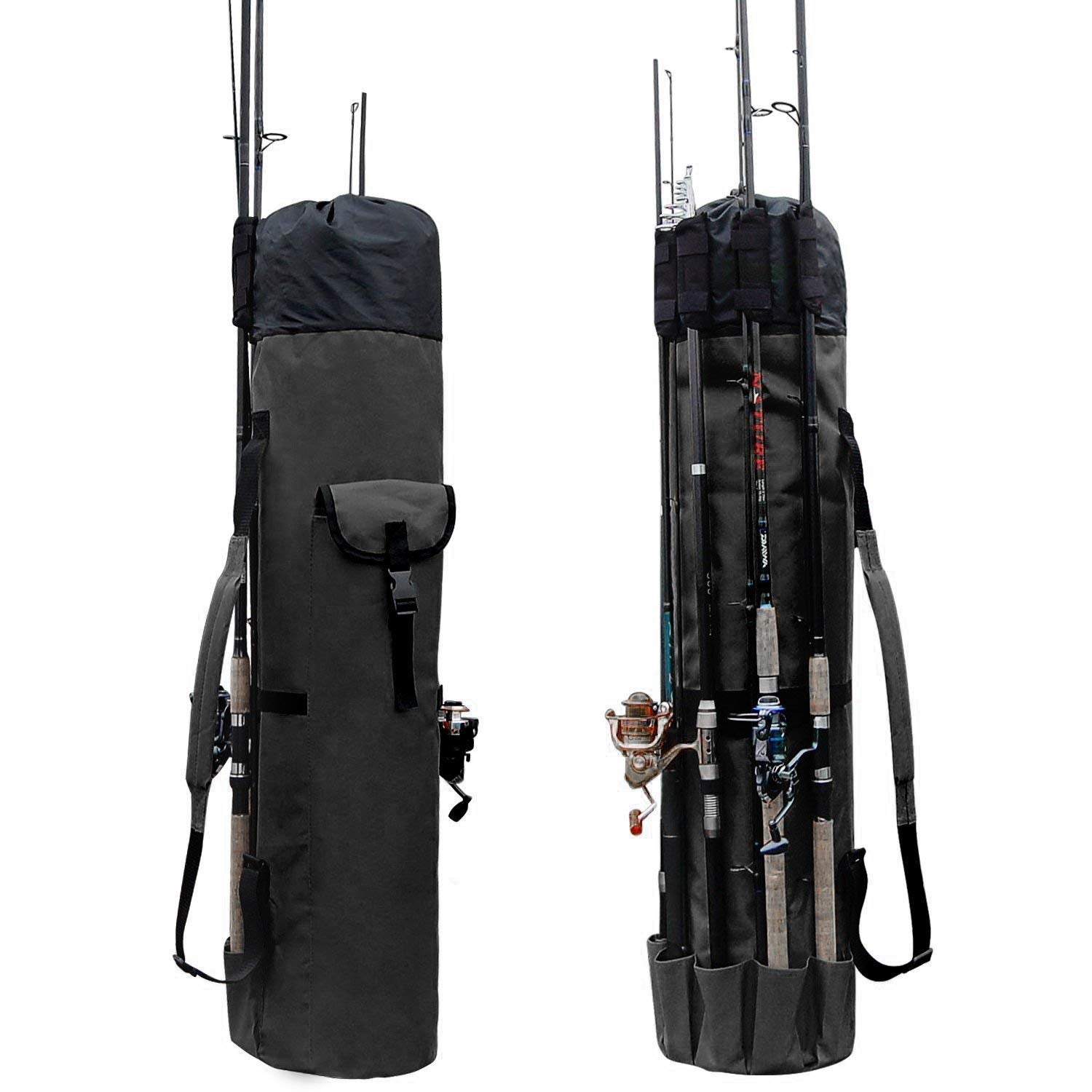 Allnice canvas fishing rod and reel organizer bag exterior in black with khaki green trim