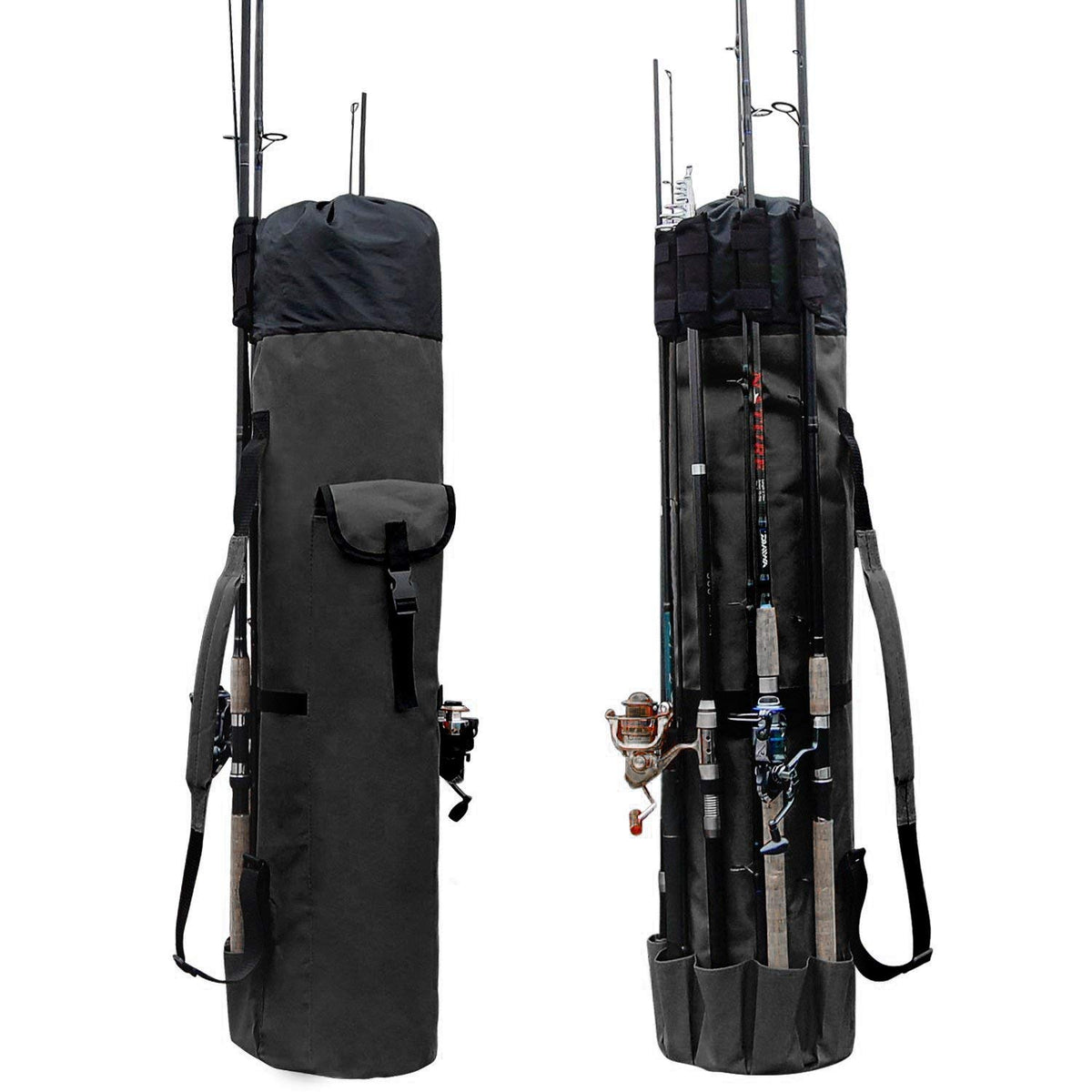 Allnice canvas fishing rod and reel organizer bag exterior in black with khaki green trim