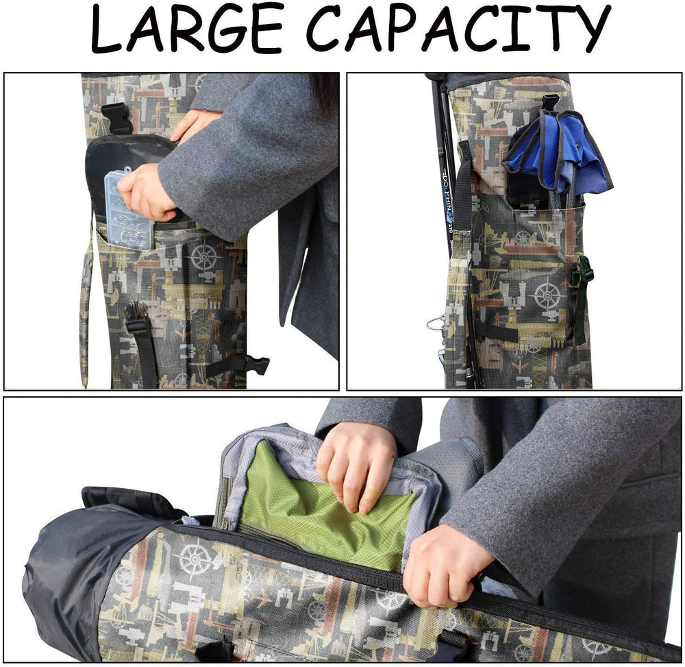 Large interior compartment for fishing tools and bait