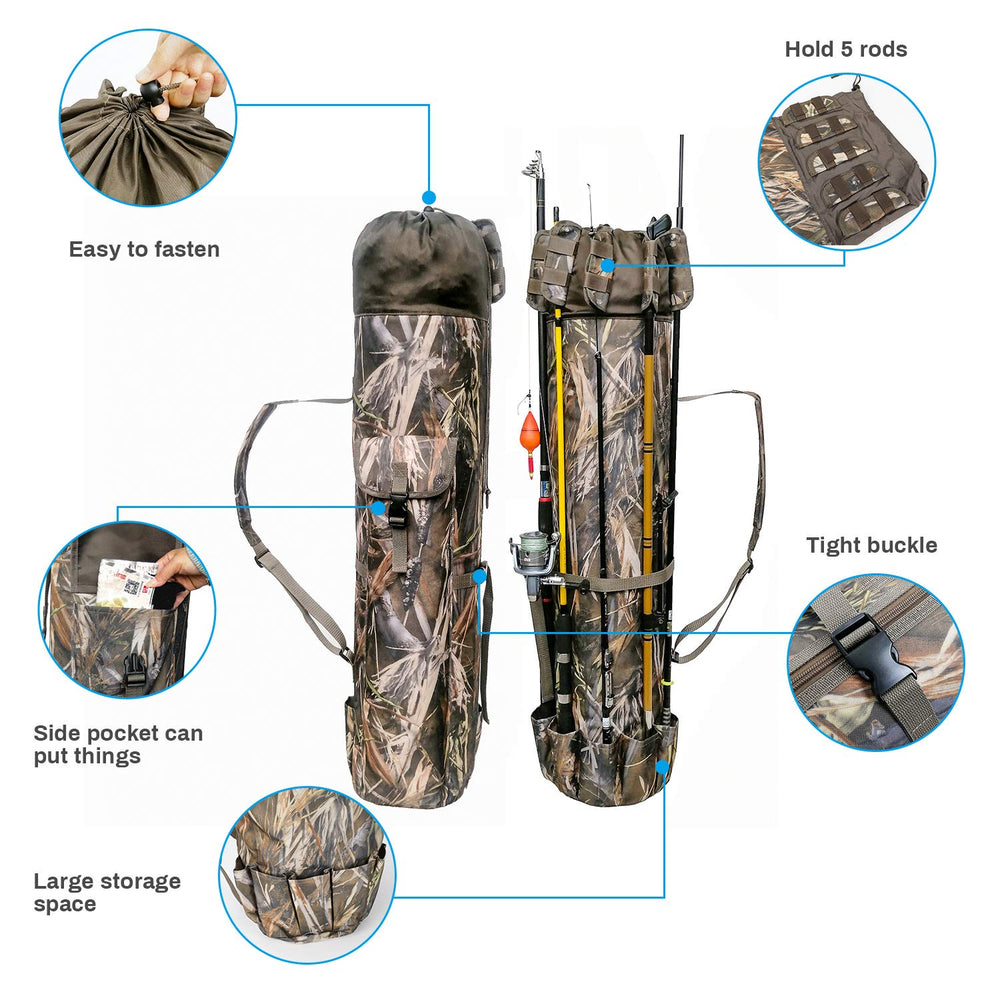 Bag with external pockets and interior space for rods and reels