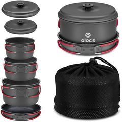 Alocs camping cookware set laid out for easy overview and quick decision-making.