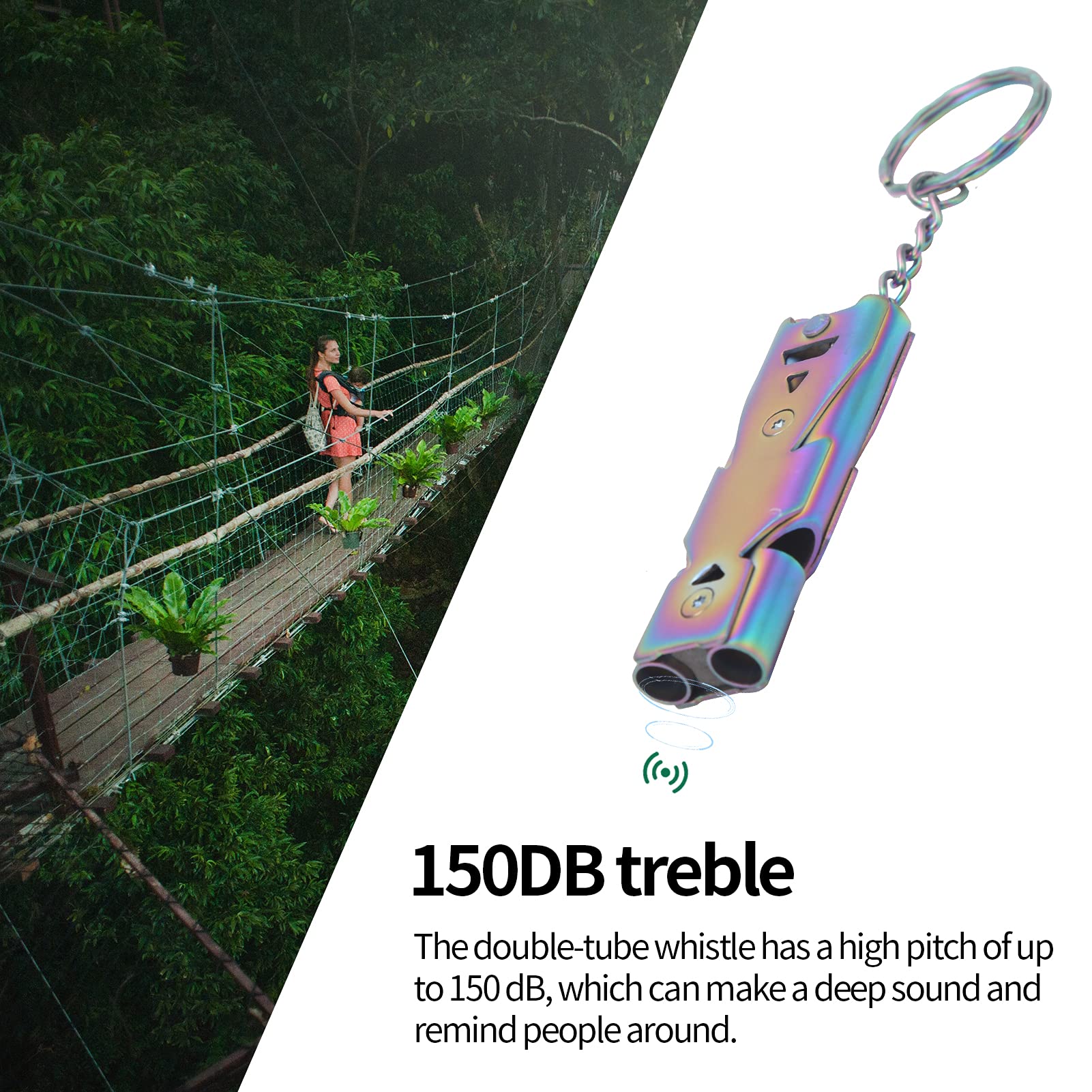 Close-up of Alomejor whistle highlights colorful finish and rugged stainless steel construction.