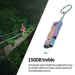 Close-up of Alomejor whistle highlights colorful finish and rugged stainless steel construction.