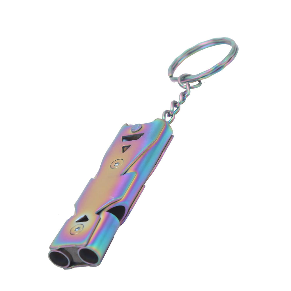 Alomejor stainless steel keychain whistle with double tubes, front view, ideal for easy hiking signaling.