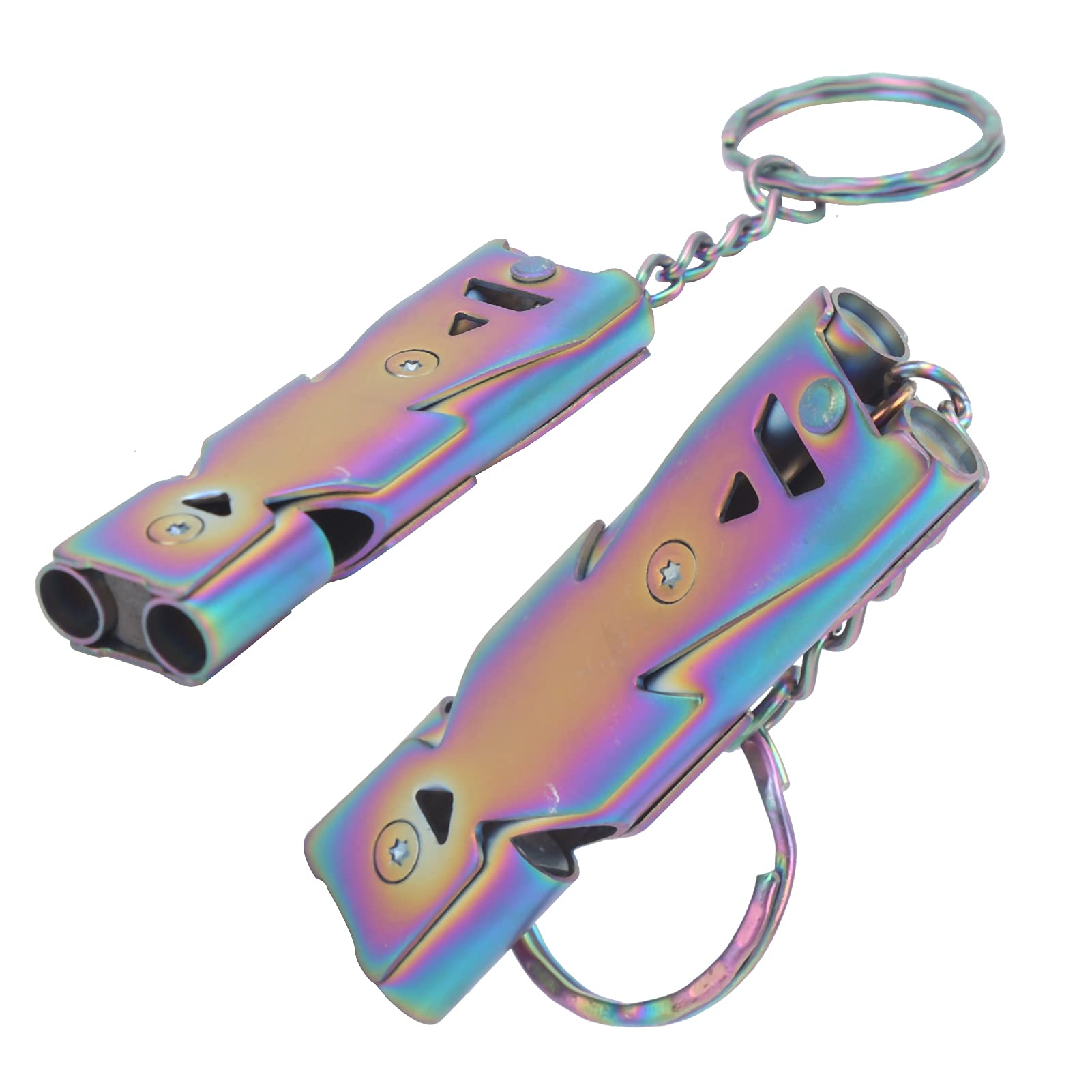 Close look at corrosion-resistant stainless steel body of Alomejor whistle.