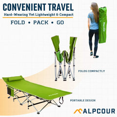 Alpcour cot built-in pillow highlights neck support while reading