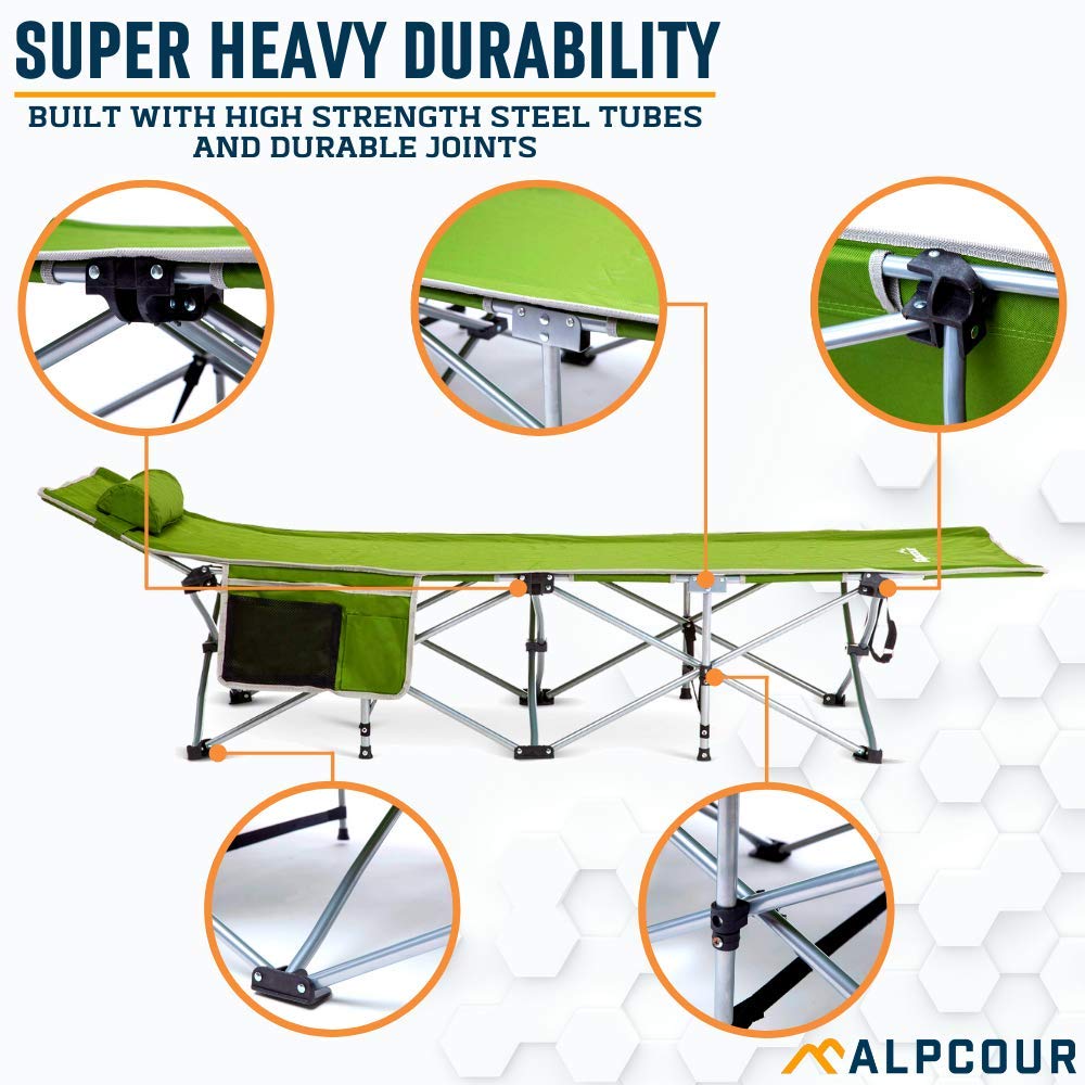 Alpcour cot folded frame enables quick setup and compact storage