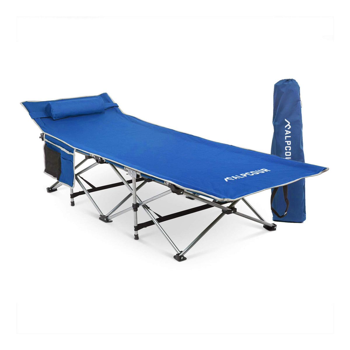 Alpcour folding camping cot folded in its bag for easy transport