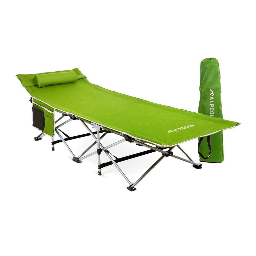 Alpcour folding camping cot in bag shows portable setup for outdoor trips.
