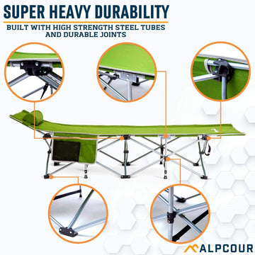 Alpcour cot steel frame conveys durability for adults and kids.