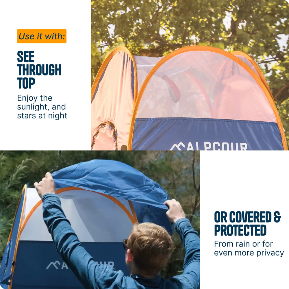 Alpcour portable pop up tent in multiple outdoor scenarios for privacy and convenience.