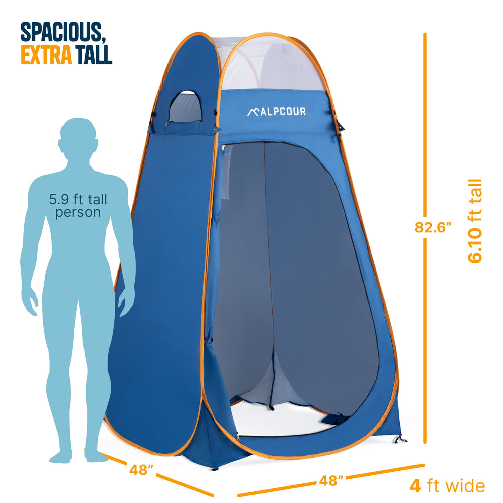Alpcour portable pop up tent setup with ropes and stakes for stability.