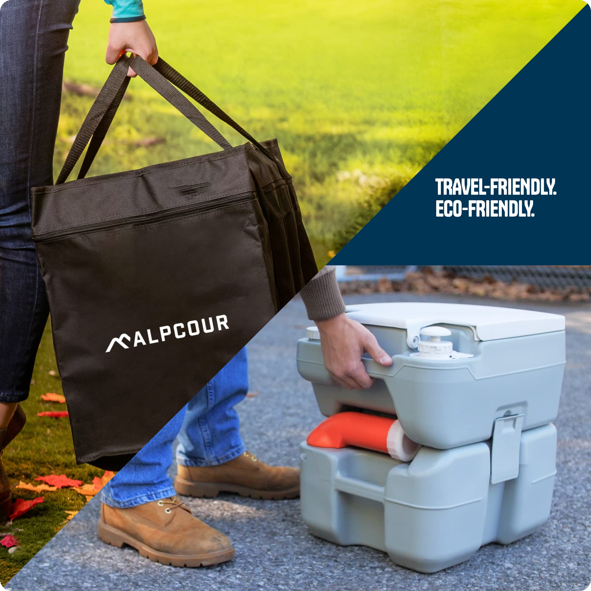 Alpcour rotating spout aids hygienic disposal of contents after use.