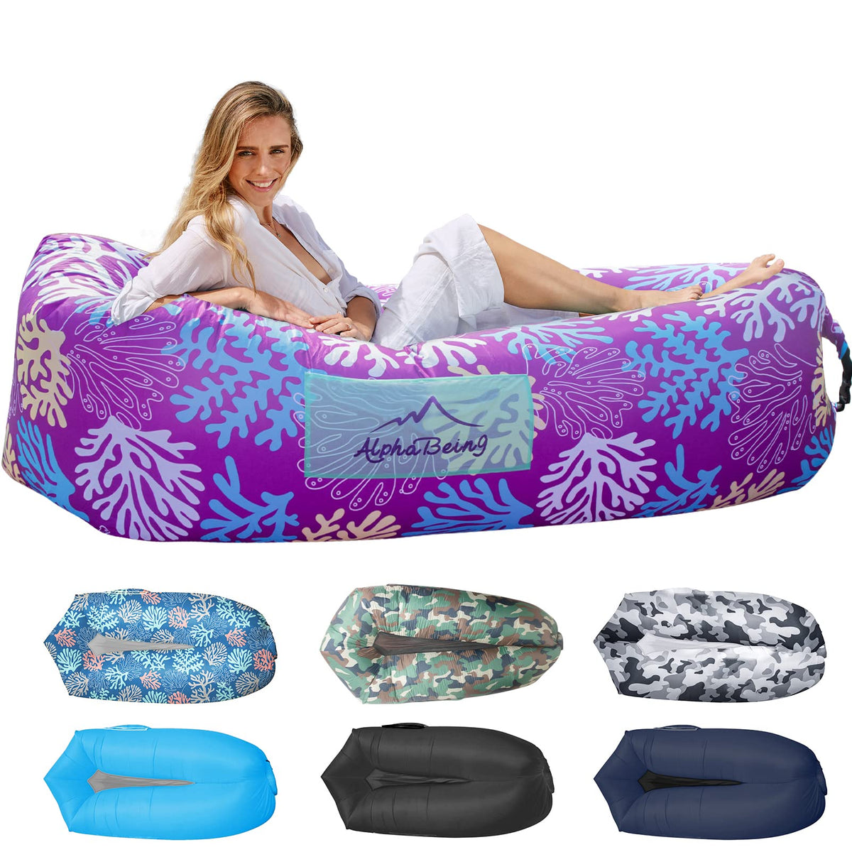 AlphaBeing inflatable lounger setup demonstrates quick outdoor lounging comfort.