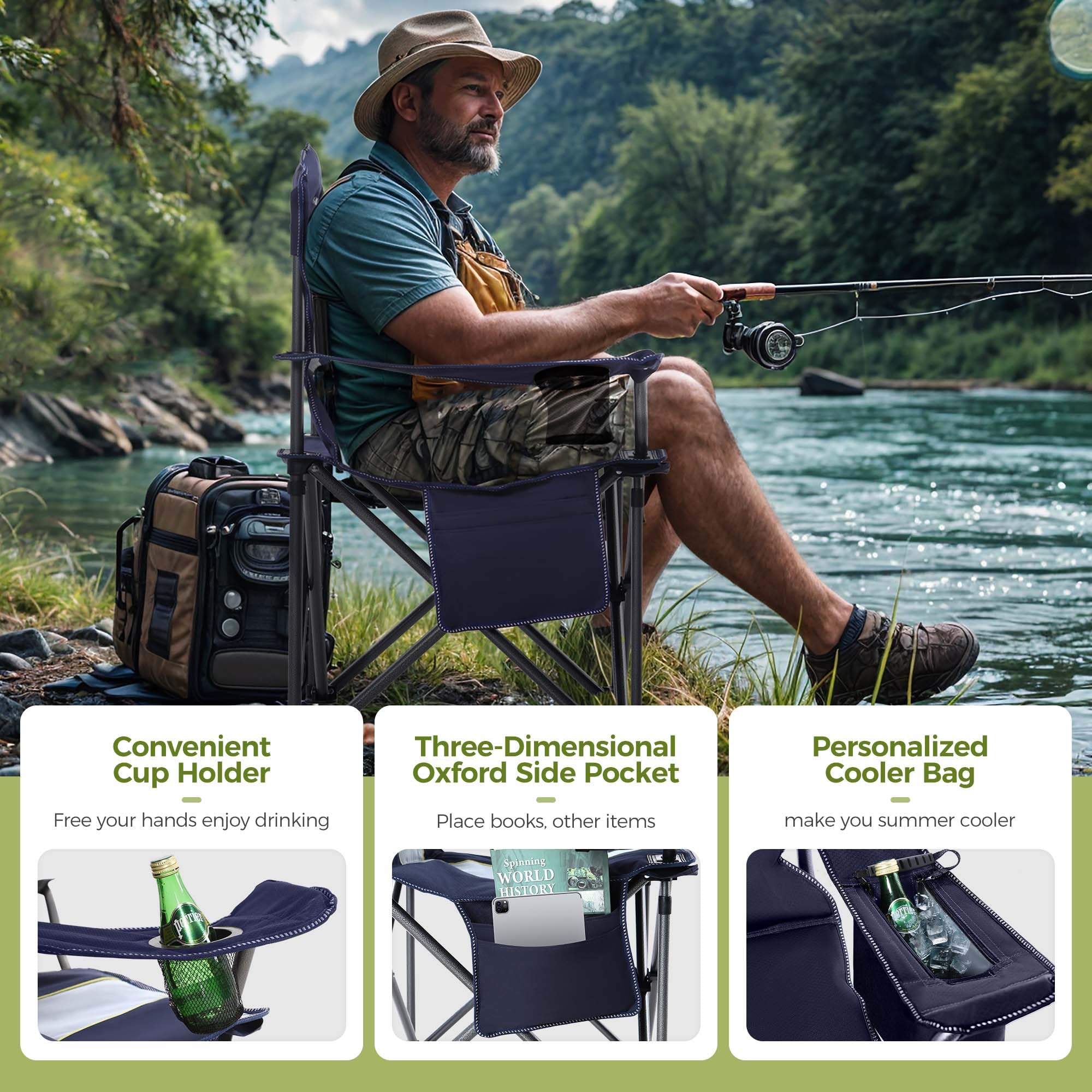 ALPHA CAMP chair shows 450 lbs capacity with strong steel frame