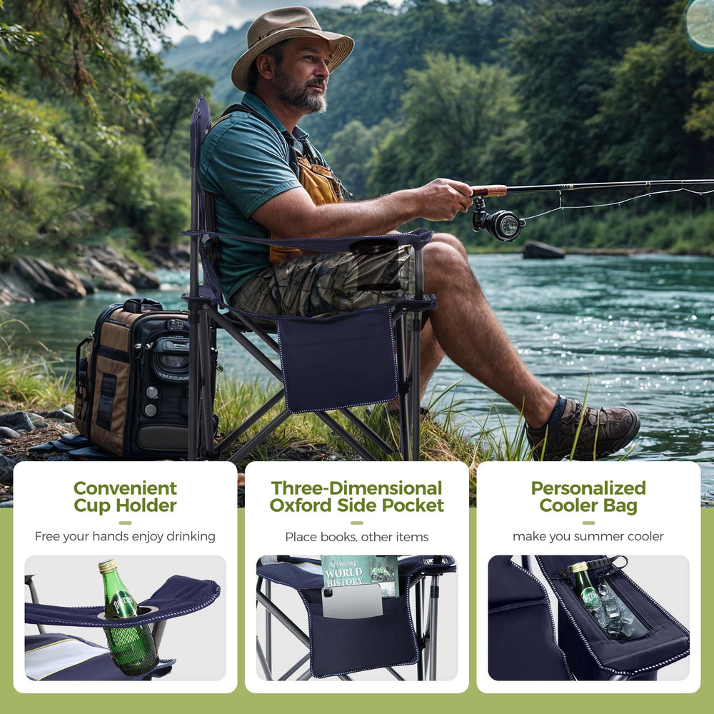 ALPHA CAMP chair shows 450 lbs capacity with strong steel frame