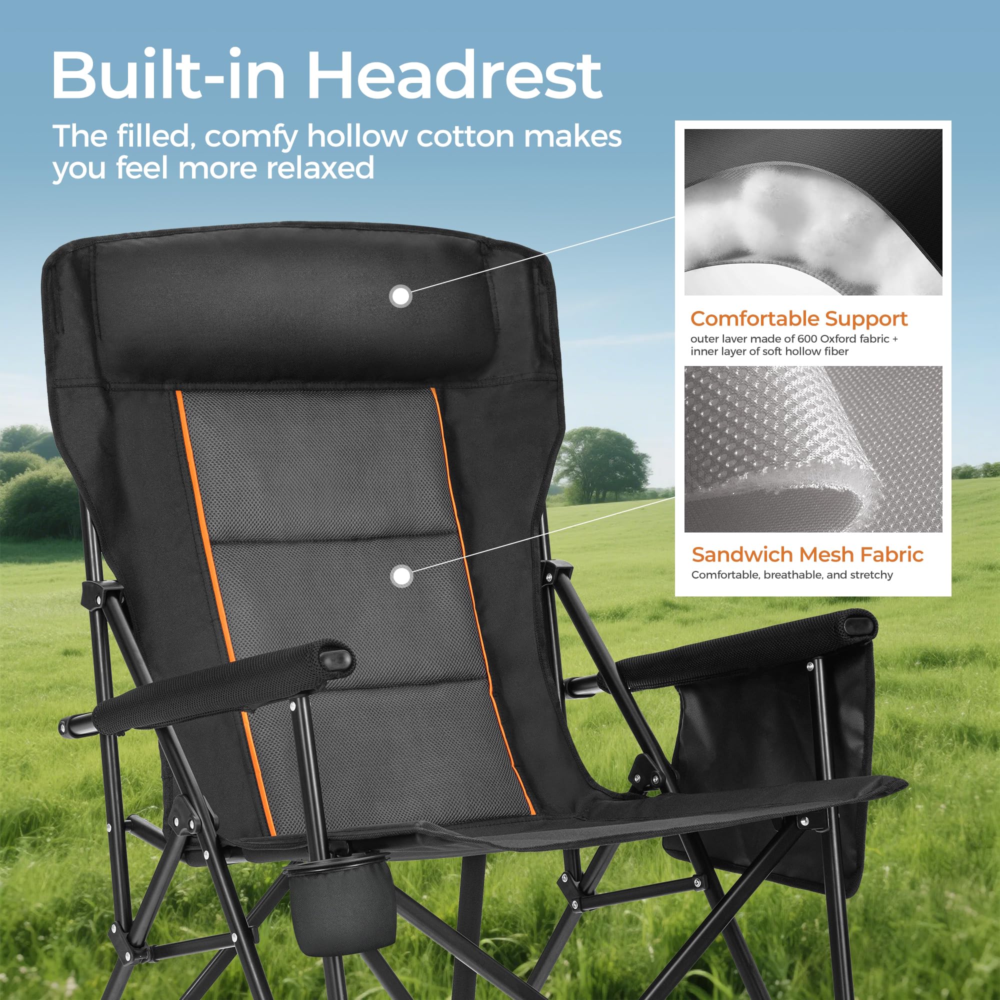 ALPHA CAMP 600D Oxford fabric seat resists wear while delivering durable, long-lasting comfort.