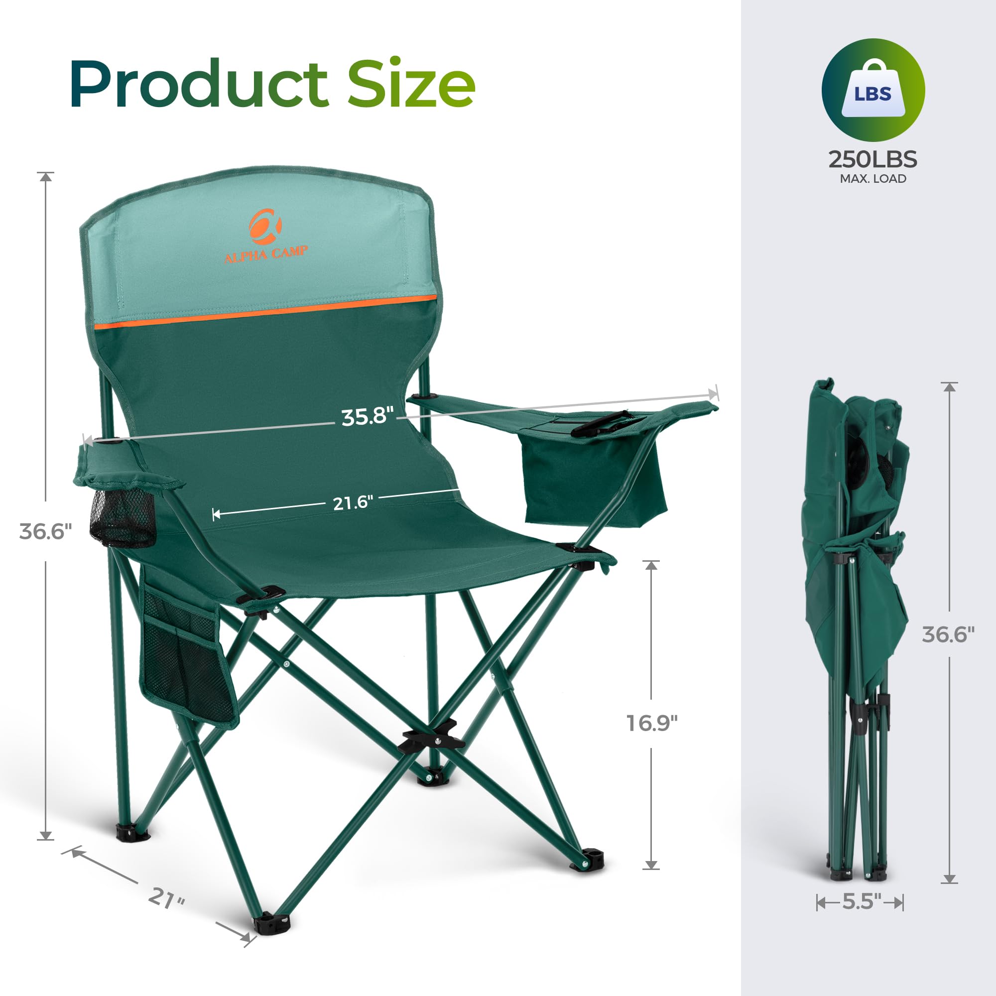 ALPHA CAMP chair with cooler bag and mesh cup holder for beverages.