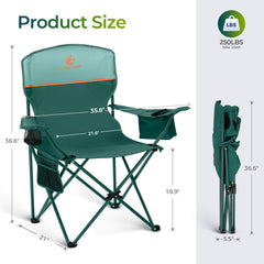 ALPHA CAMP chair with cooler bag and mesh cup holder for beverages.