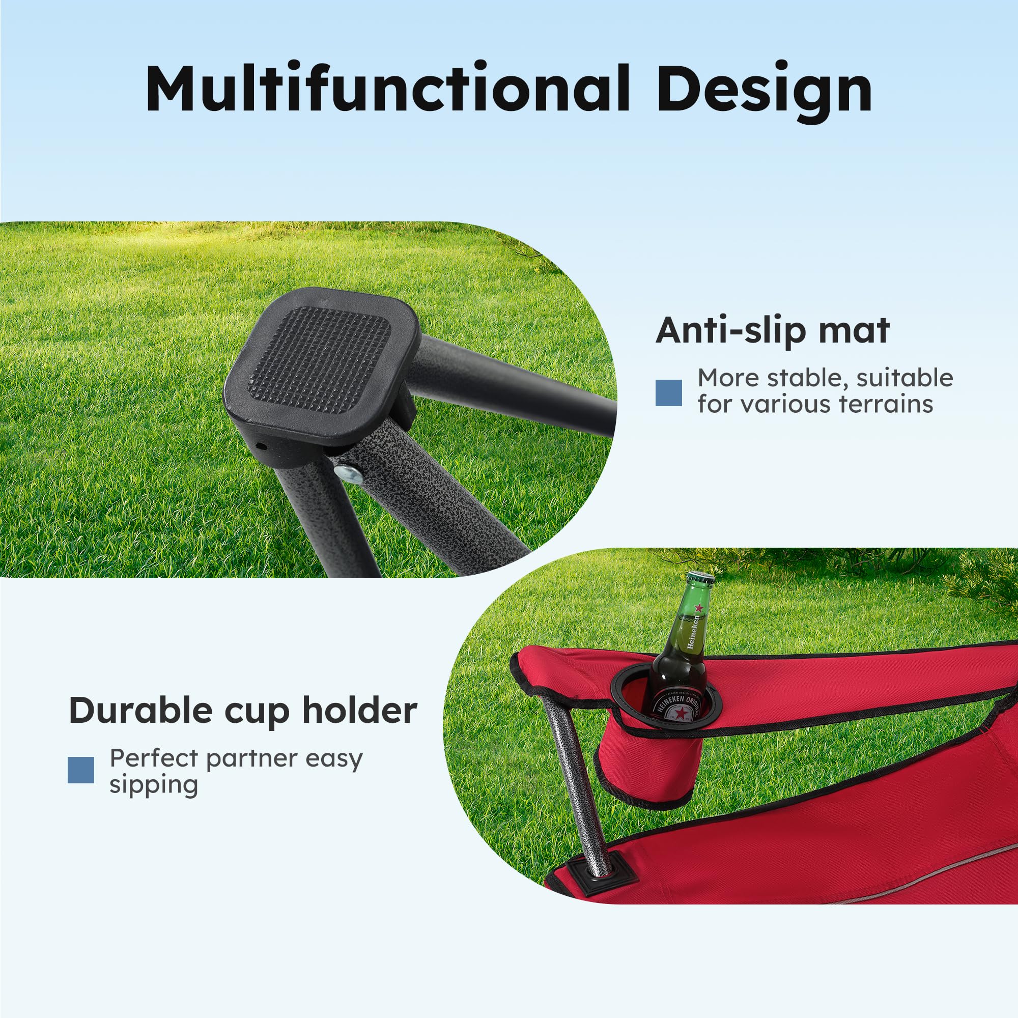 ALPHA CAMP hammer-tone frame detail highlights rust-resistant durability