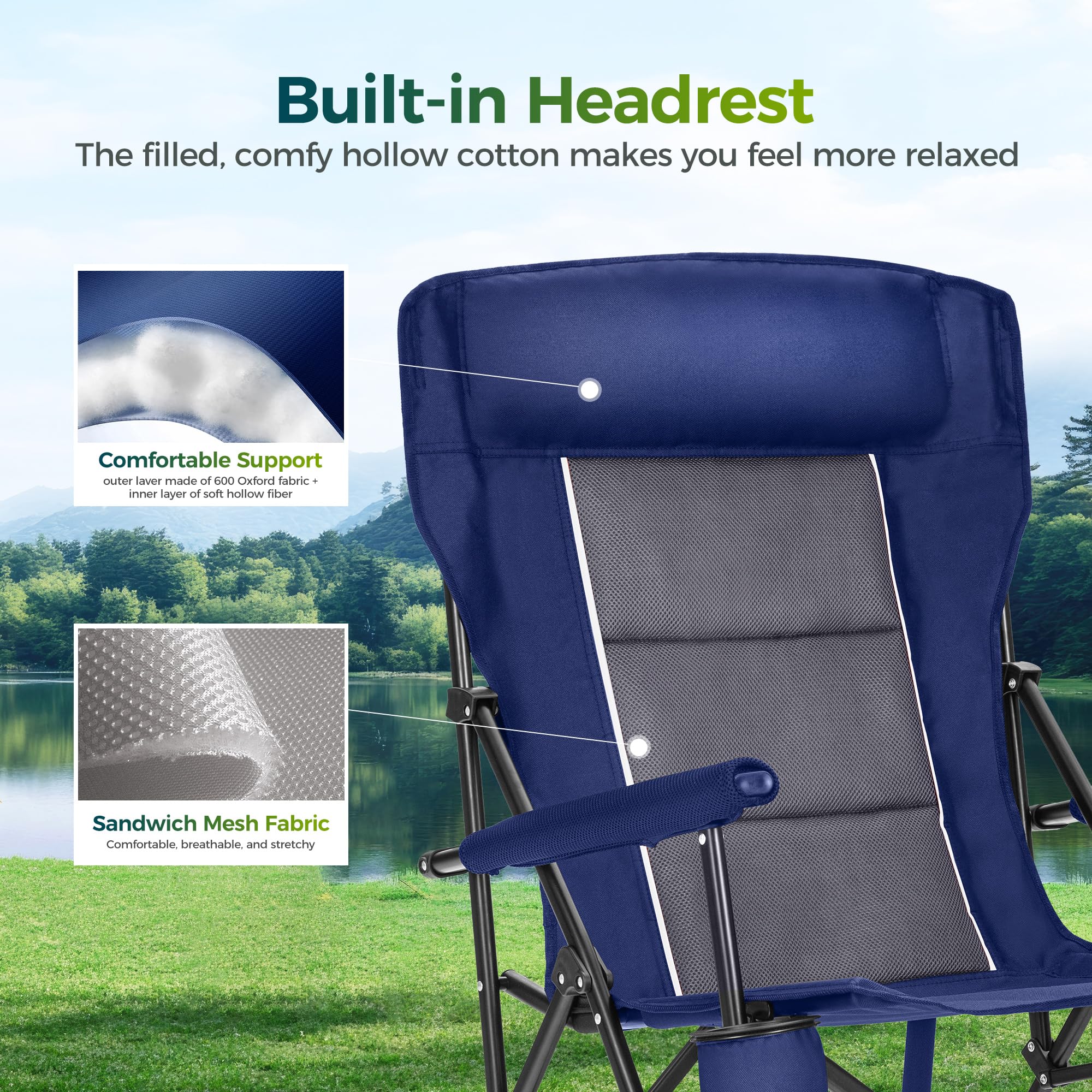 ALPHA CAMP chair features pocket and cup holder for quick access.